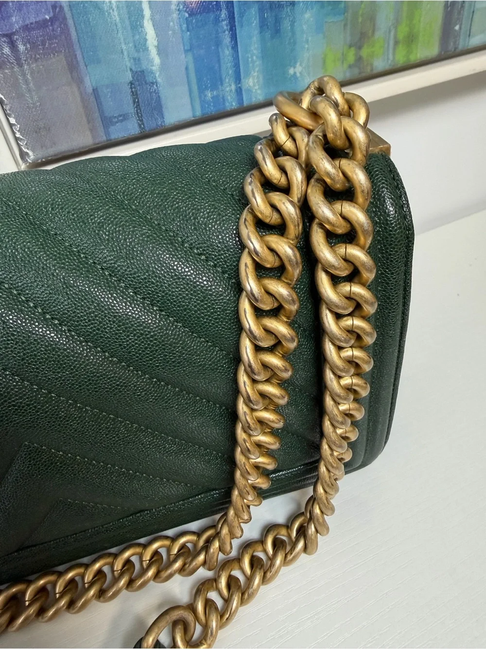 CHANEL Forest Green Chevron Boy Shoulder Bag with Gold Hardware